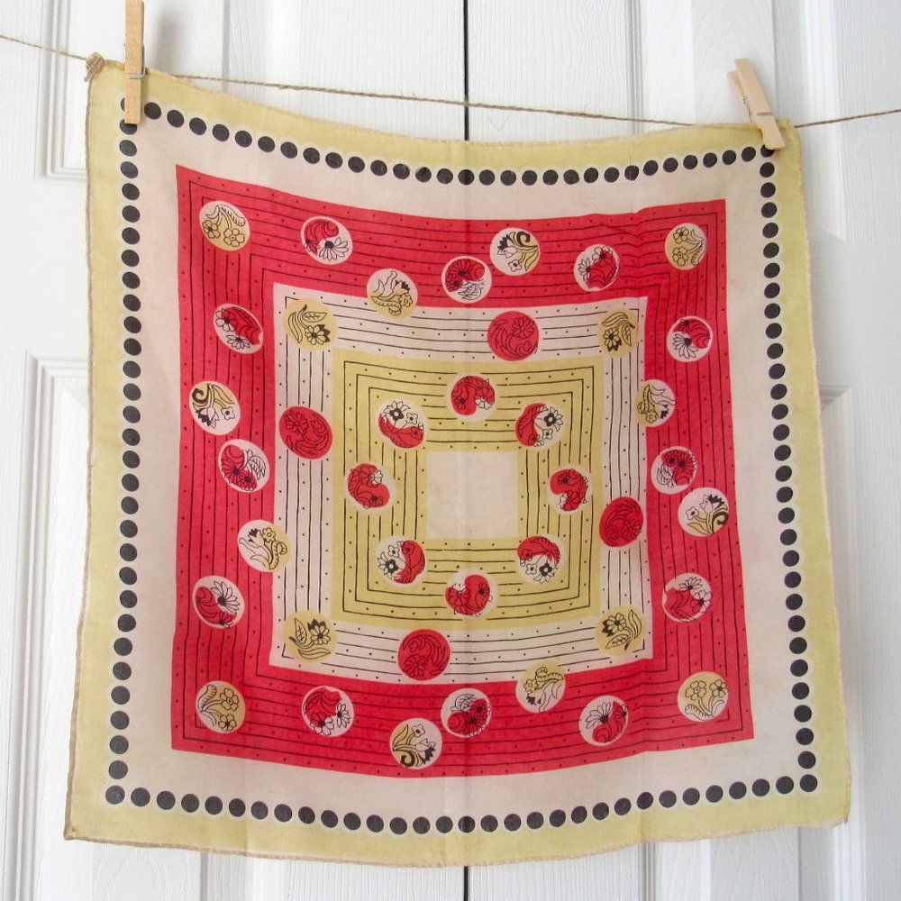 OCCUPIED JAPAN Vintage Scarf Pure Silk Flowers in Circles Red Yellow Mid Century